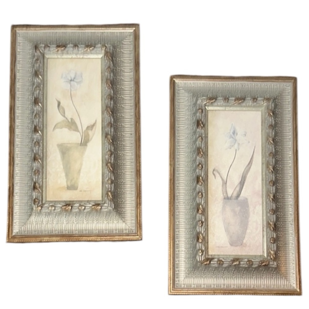 2pc set Gold and Silver floral art - vintage look frames